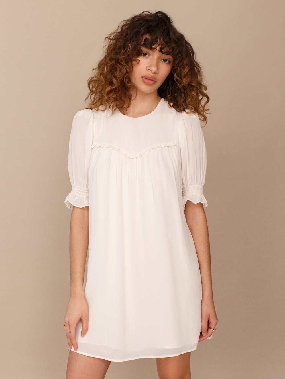REFORMATION | Conrad Dress | Ivory Smocked Sleeve Ruffle Mini | Size 6 | NWOT